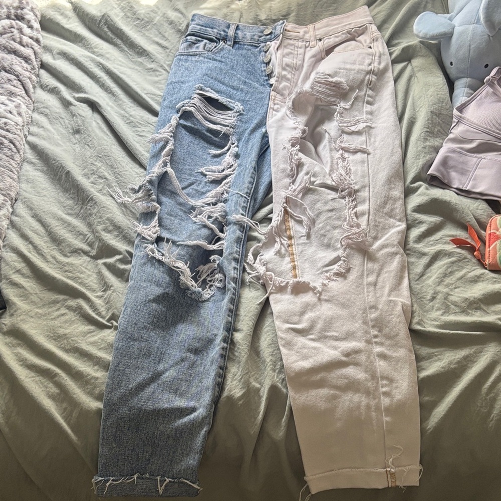 PacSun Ripped Blue and Cream Boyfriend Jeans